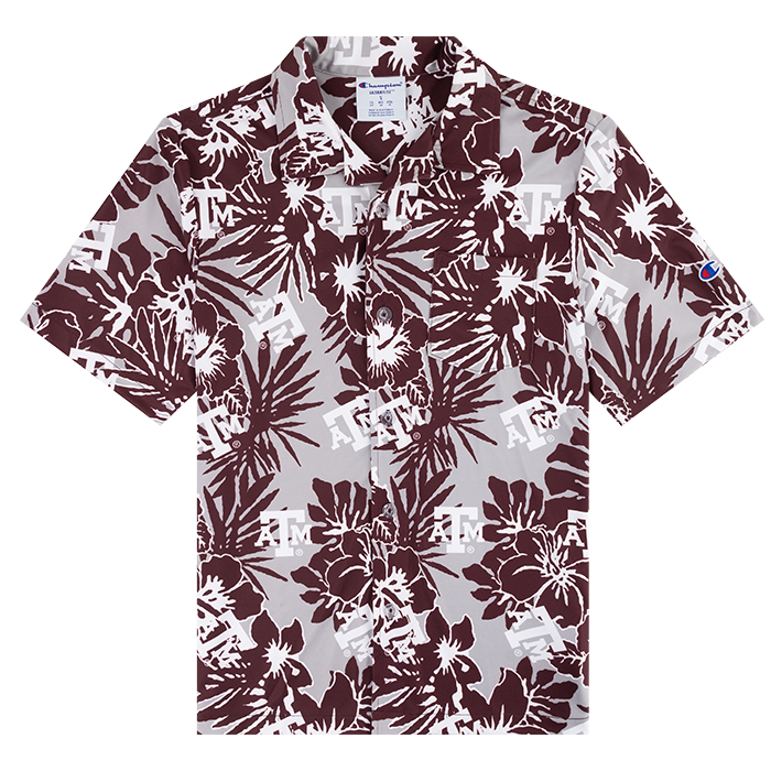 Grey button down tropical floral shirt with ATM decals