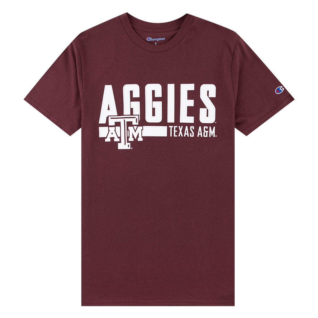 Maroon tee with 'AGGIES' and 'TEXAS A&M' in white,