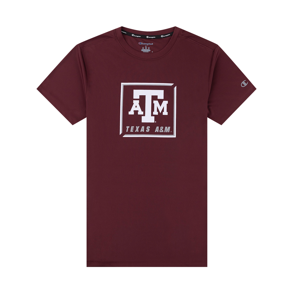 Maroon performance tee with white ATM logo and "Texas A&M" in white