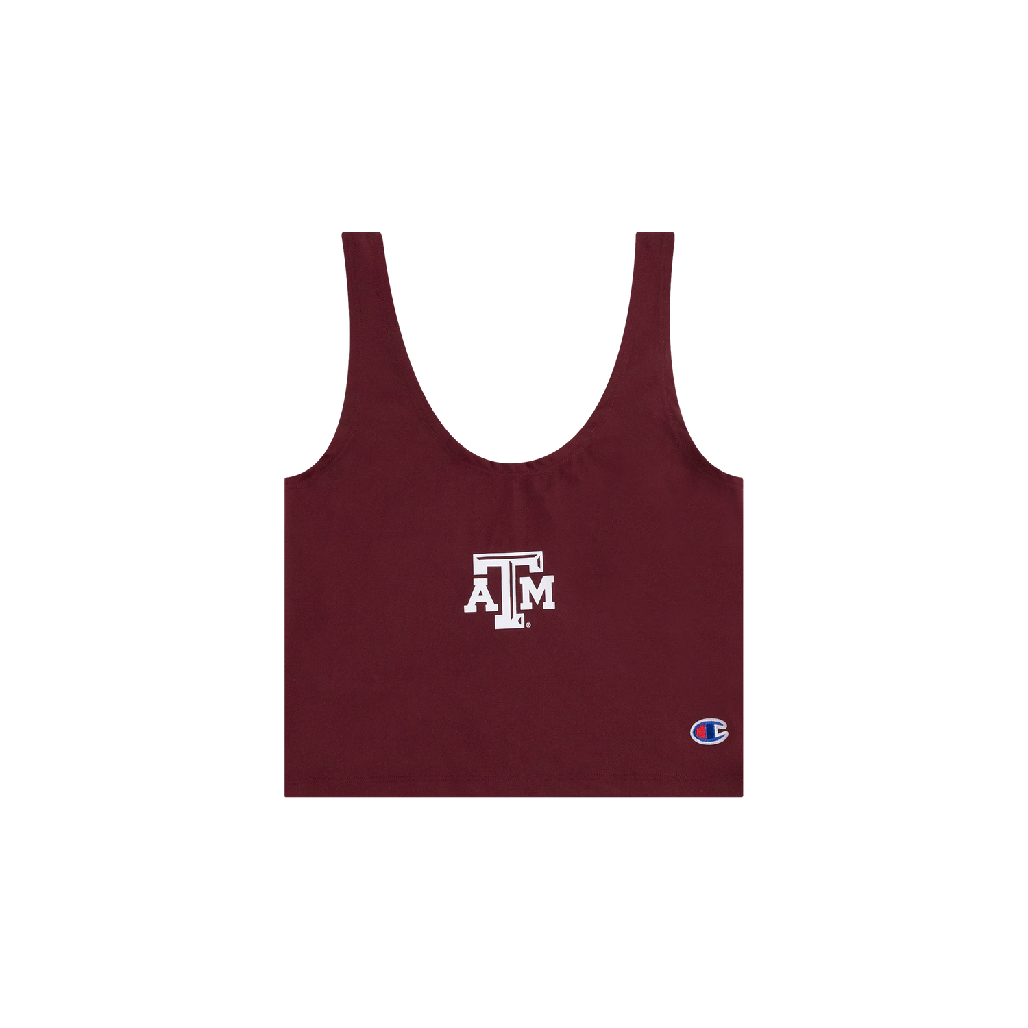 Maroon scoop neck crop tank with white, beveled ATM logo.