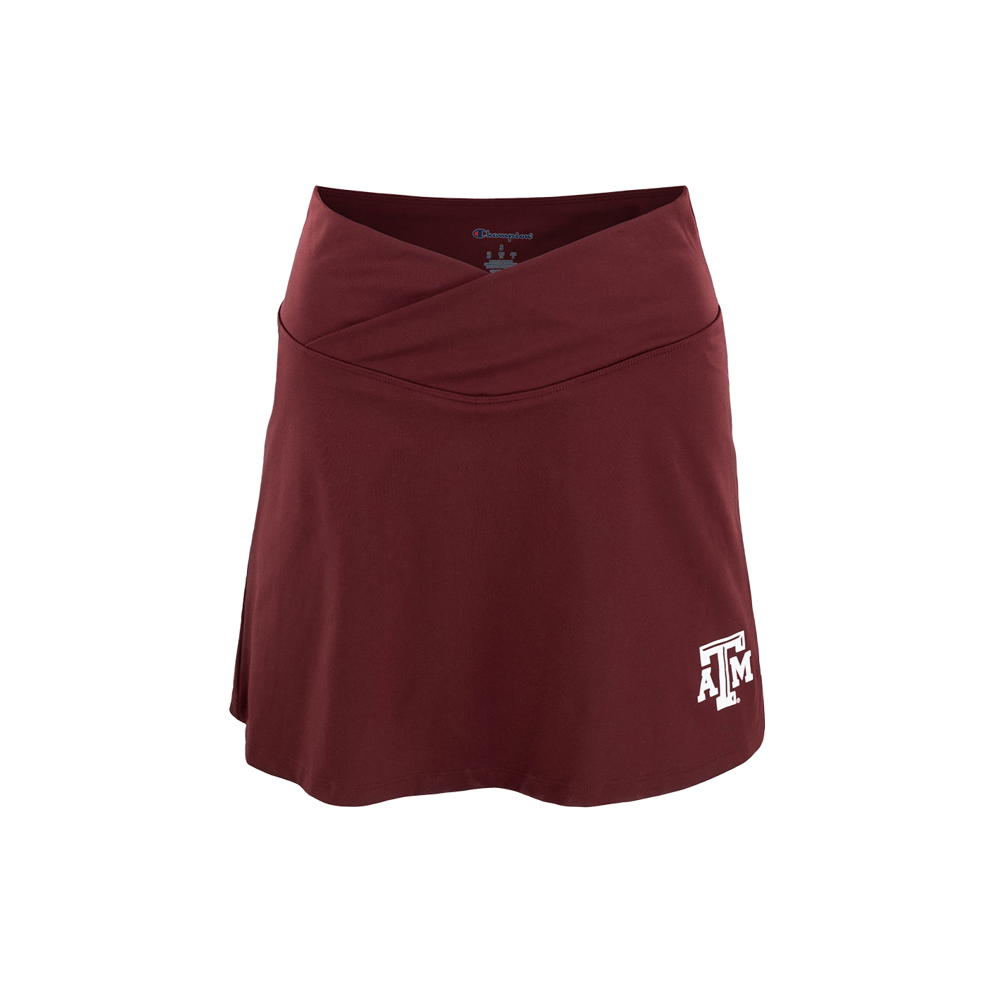 Maroon skort with v shaped waist and a white ATM logo on the left leg.