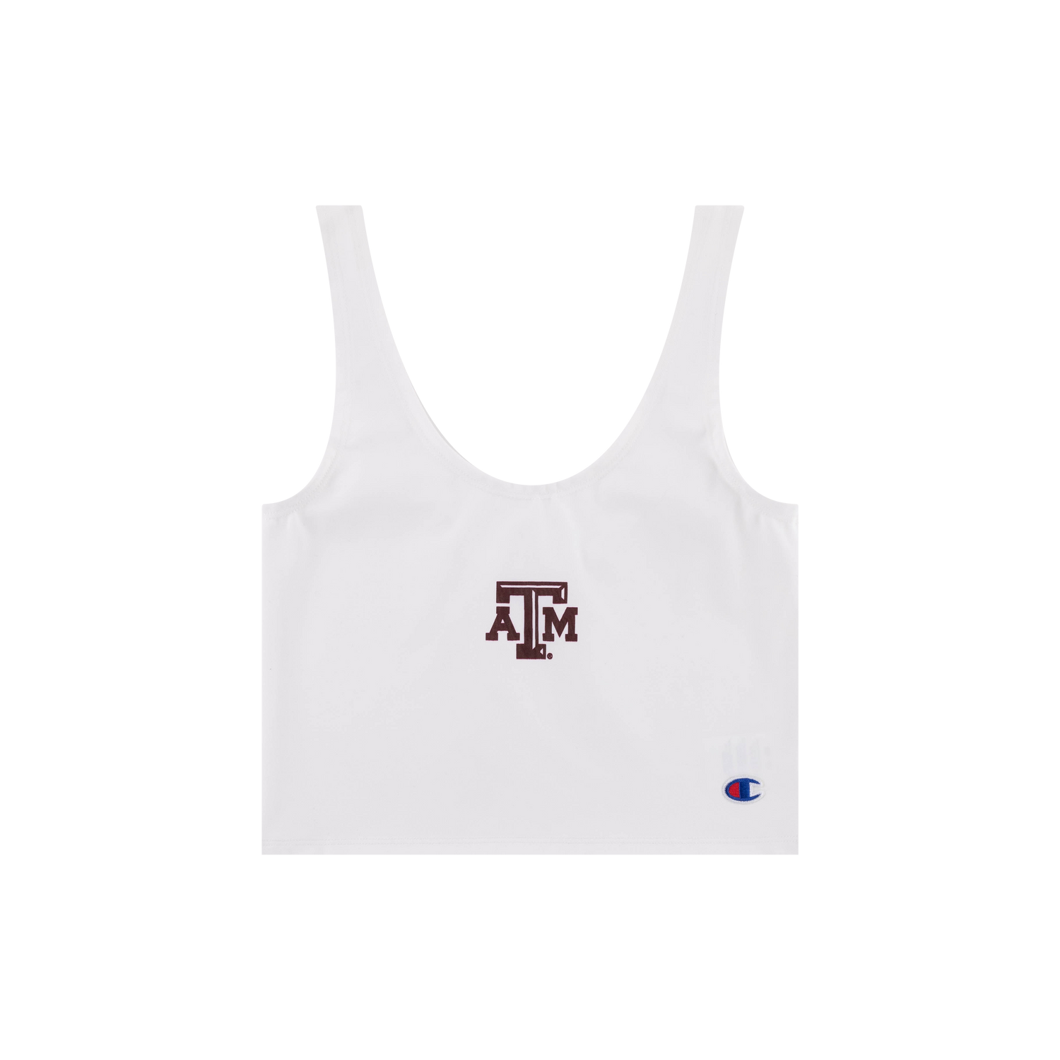 White scoop neck tank top with maroon, beveled ATM logo on the front.