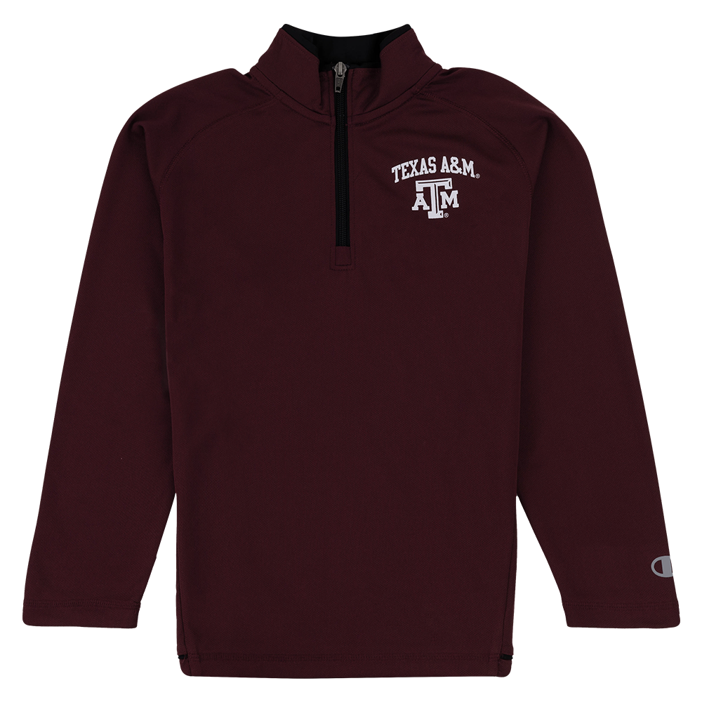 Maroon quarter zip with "Texas A&M" and a white beveled ATM logo on the left side of the chest