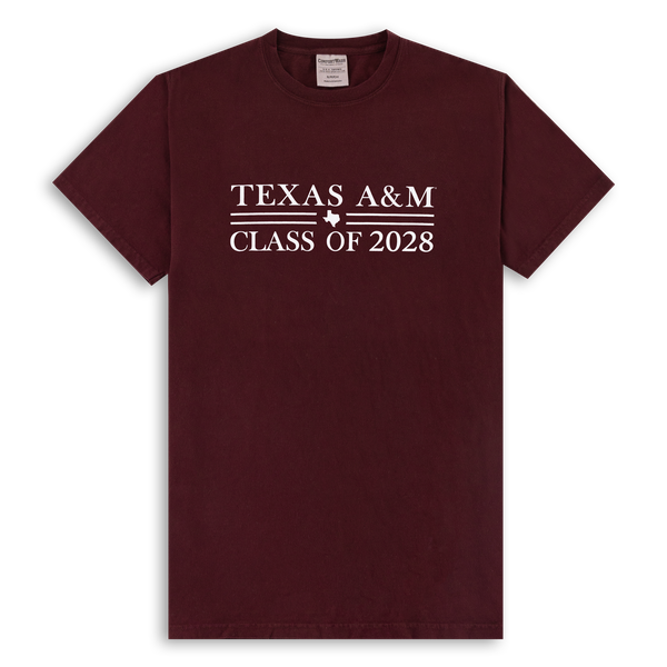 Maroon t-shirt with Class of '28 print.