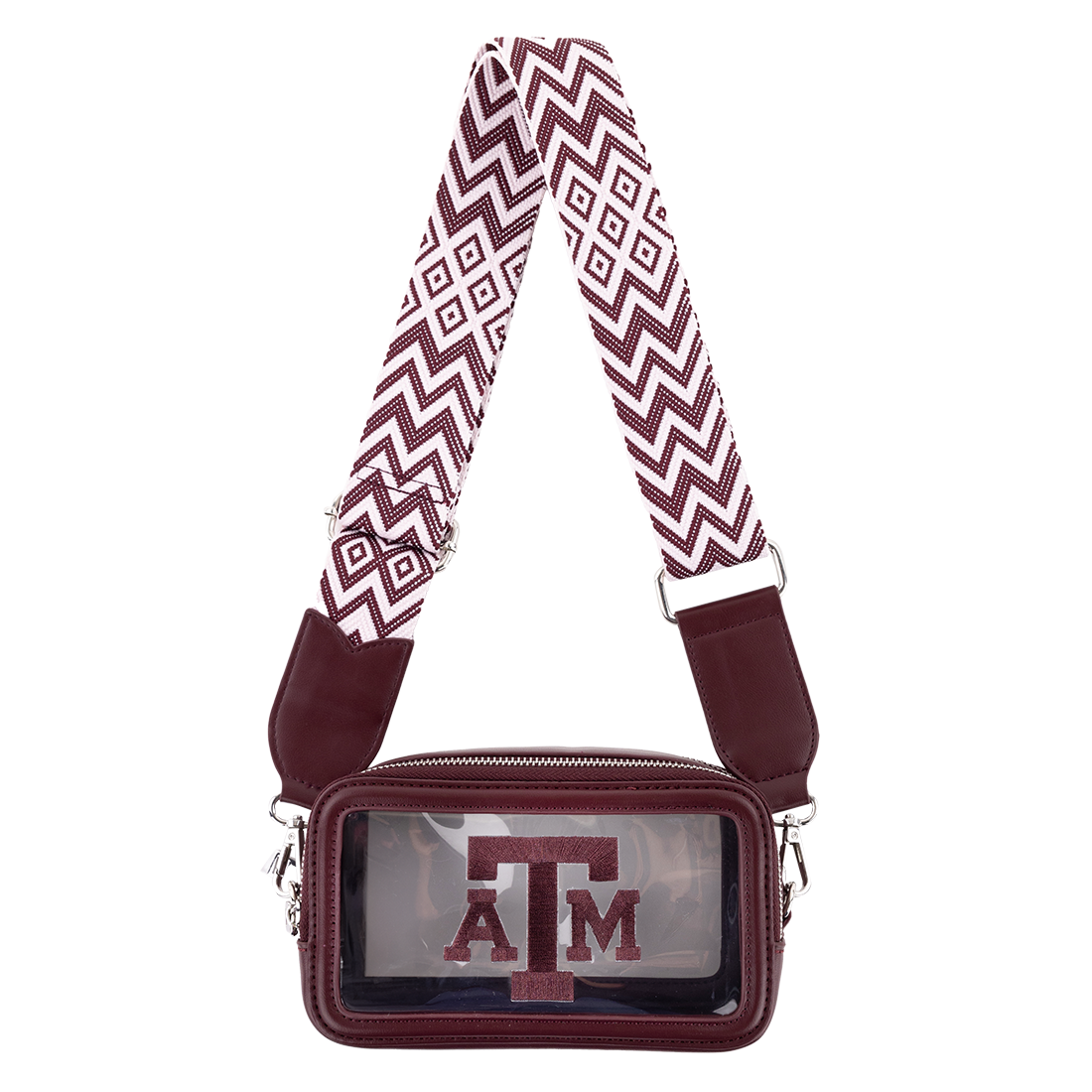 Clear bag with maroon ATM logo with maroon & white chevron purse strap.