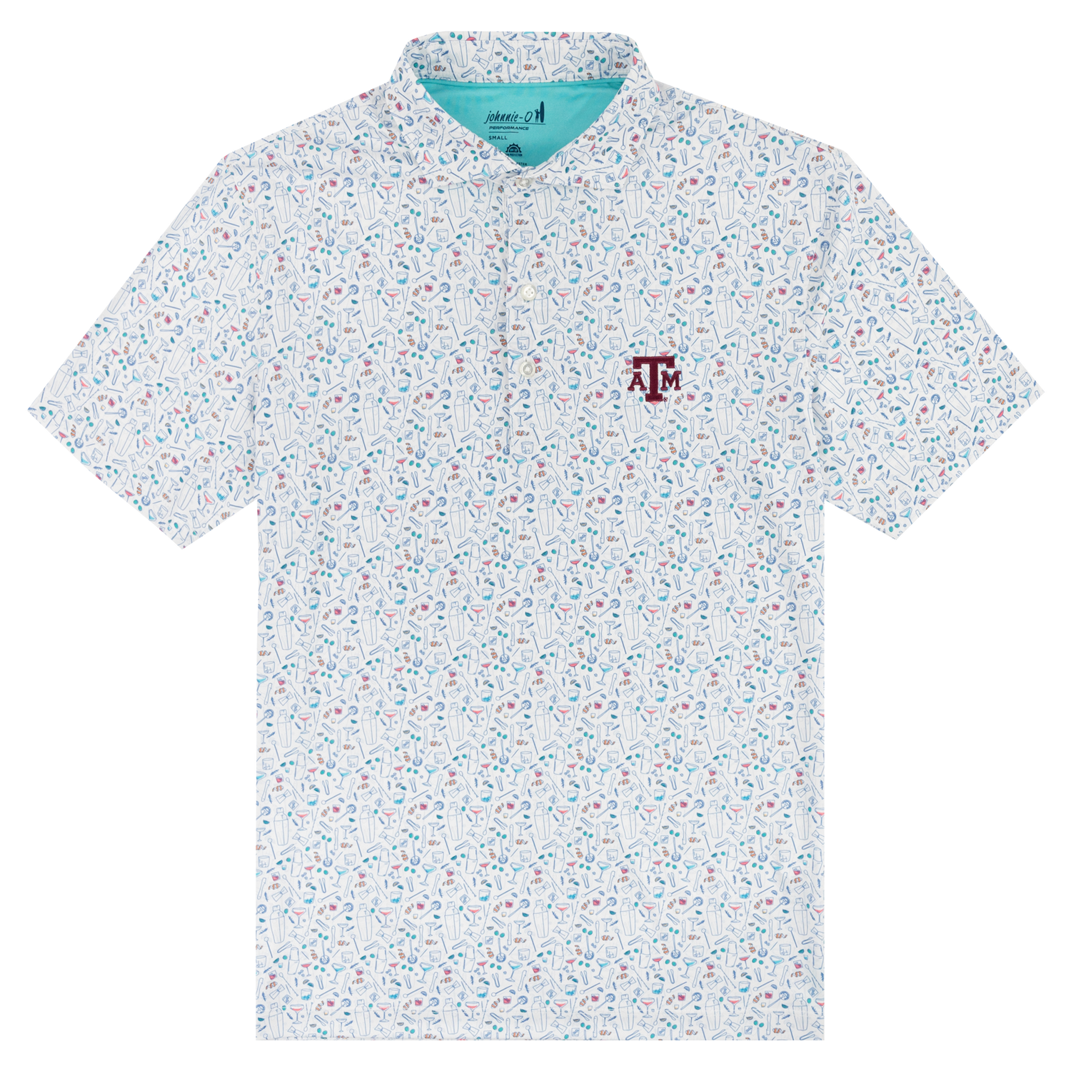 White polo with small designs and maroon ATM logo