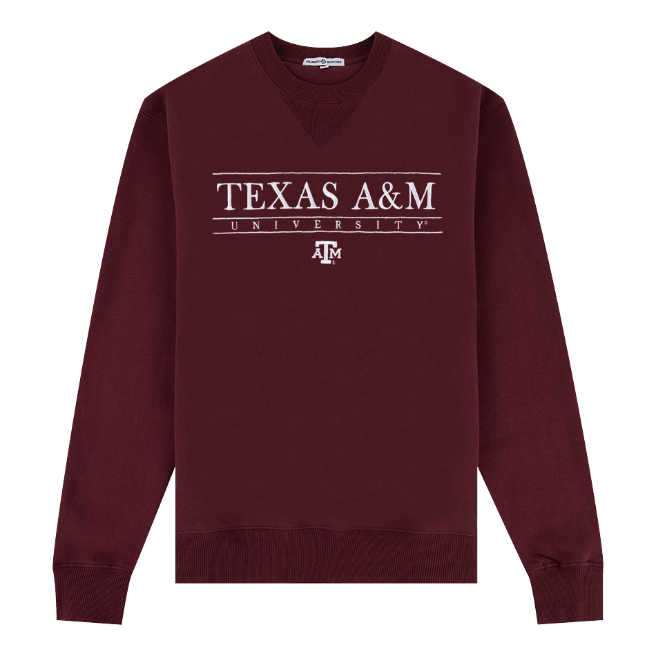 Maroon sweatshirt with "TEXAS A&M UNIVERSITY" in white embroidery