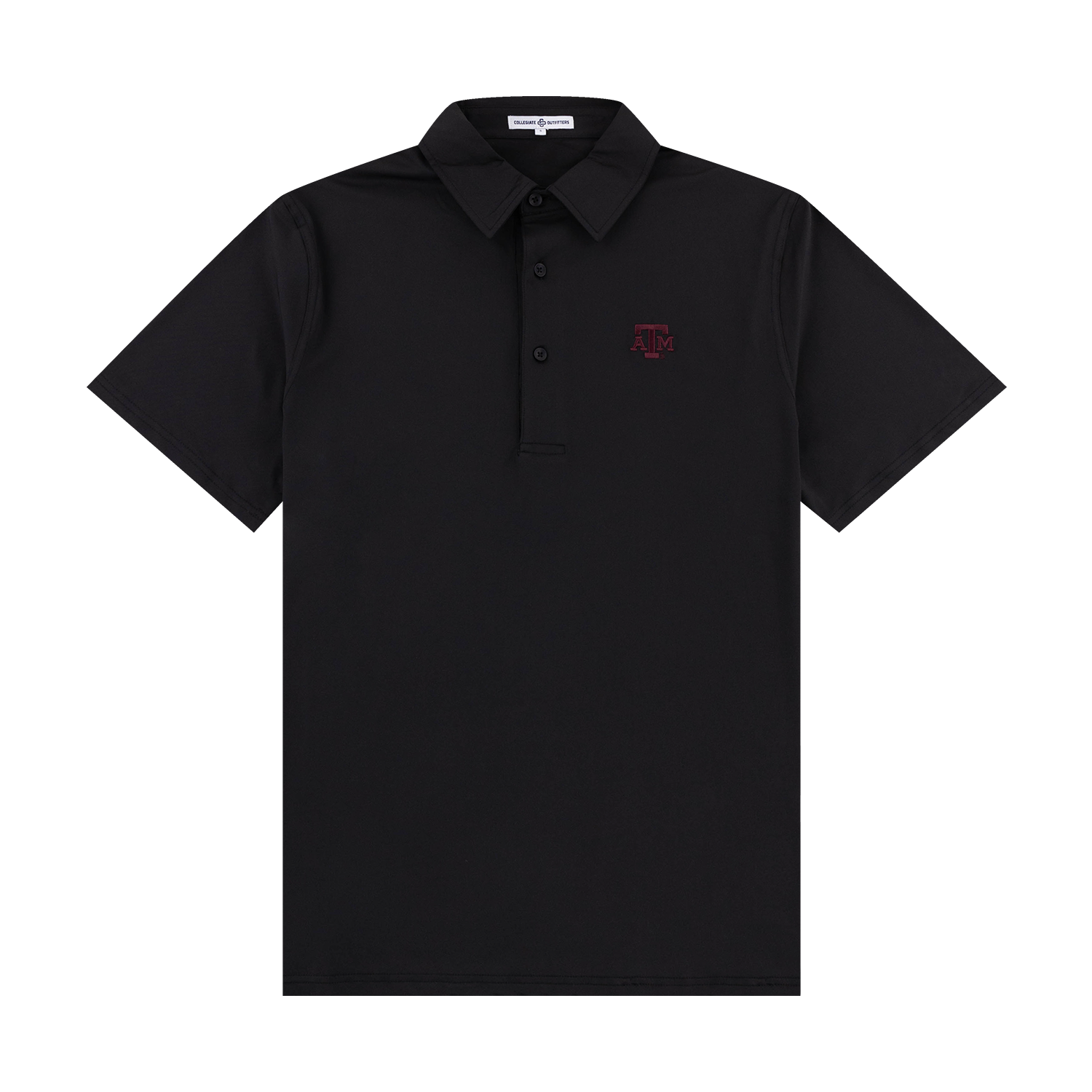 Black polo with maroon ATM logo on the left side of the chest.