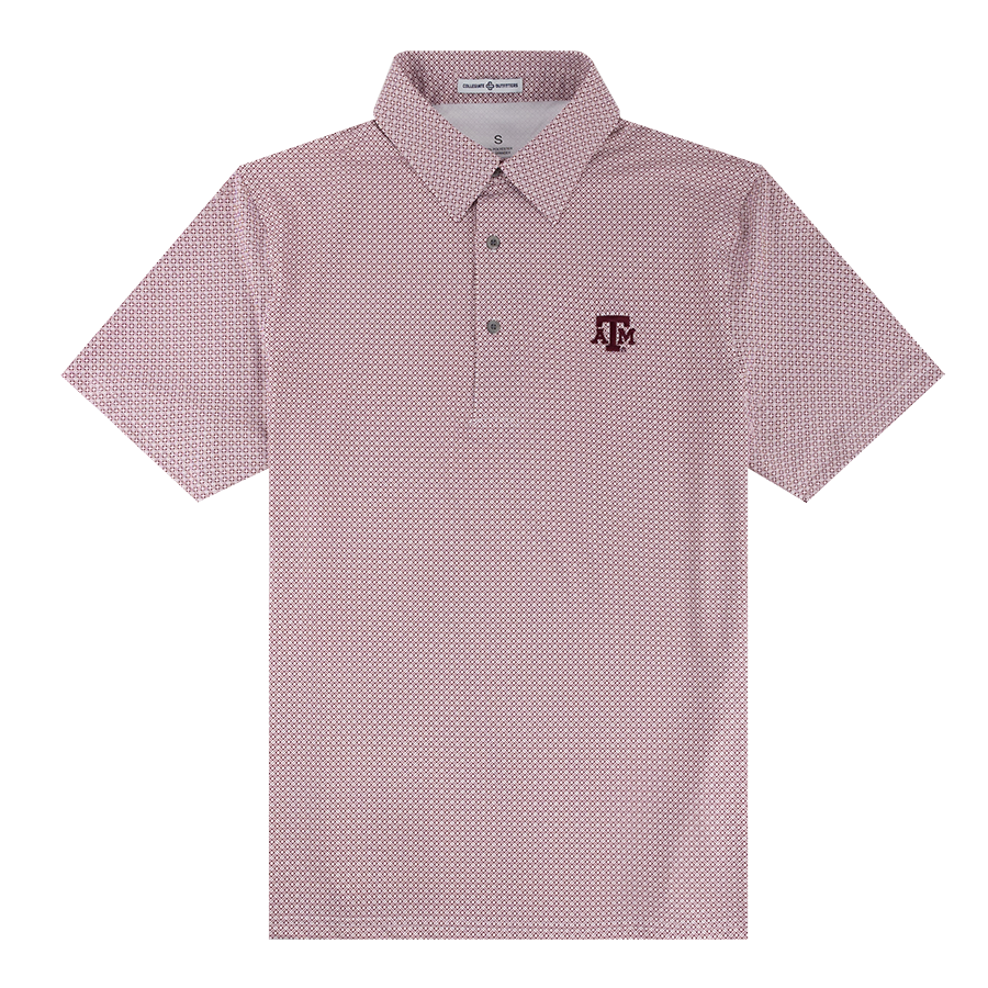 White and maroon diamond patterned polo with maroon ATM logo on left side of the chest