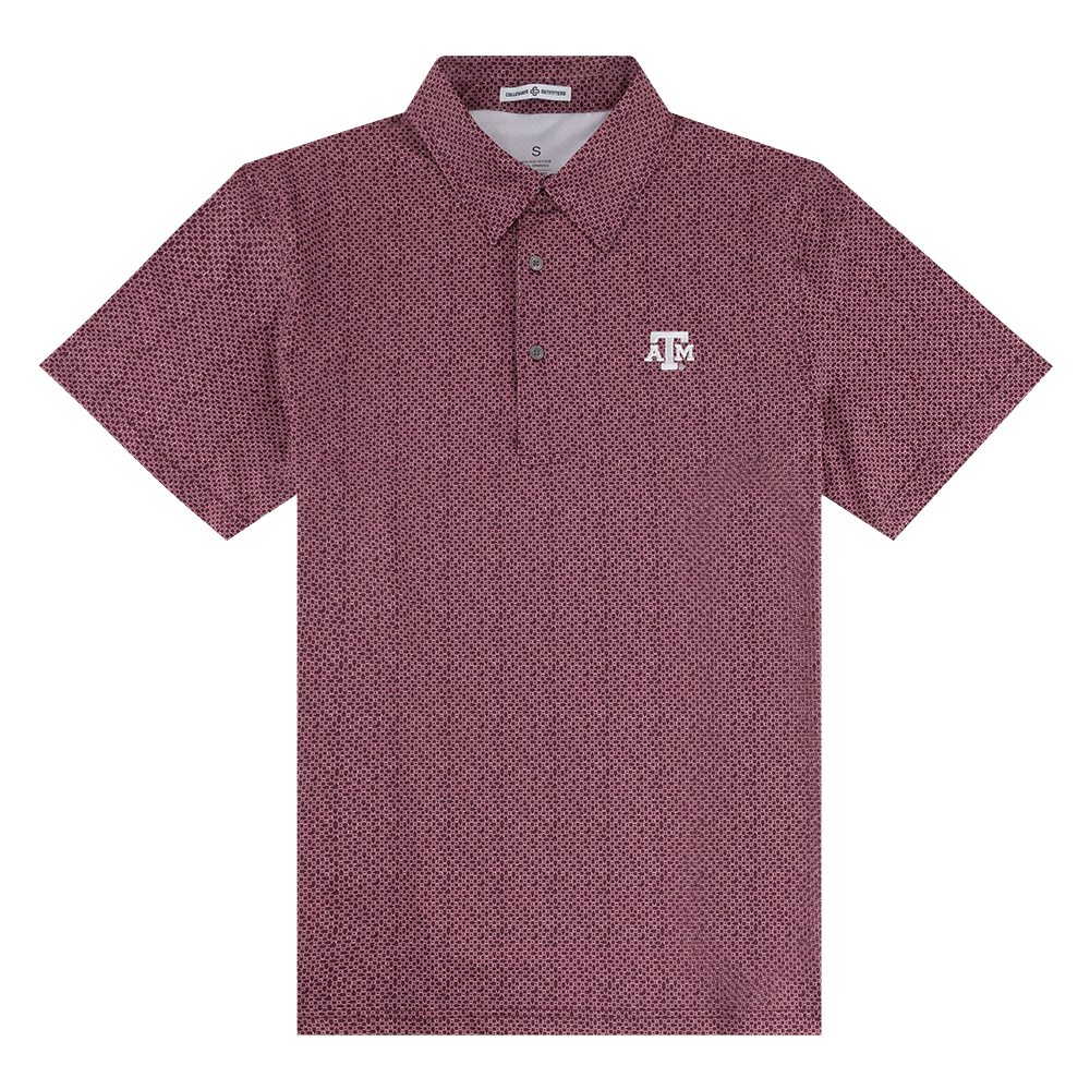 Maroon ring patterned polo with white ATM logo on the left side of the chest