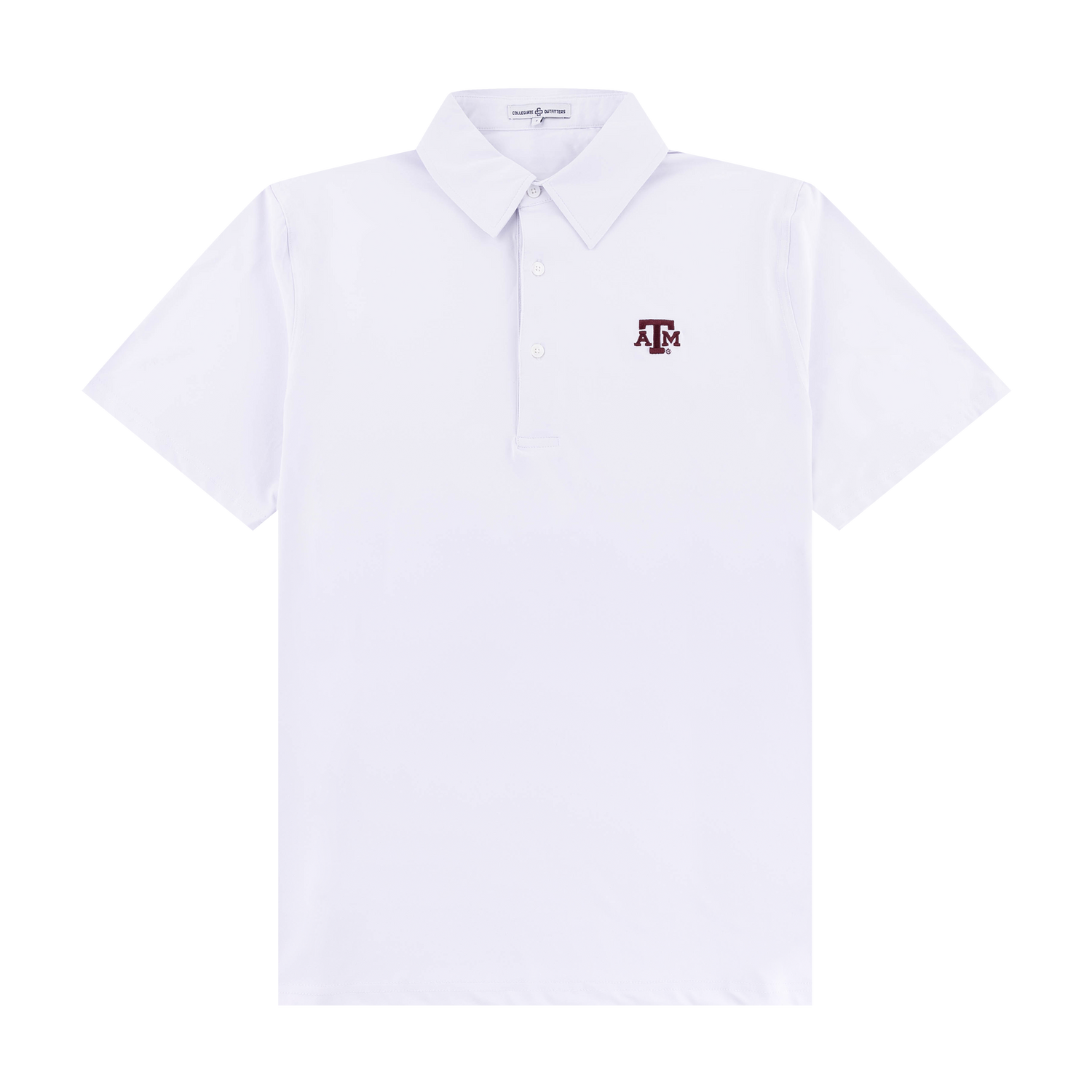 White polo with maroon ATM logo on the left side of the chest.