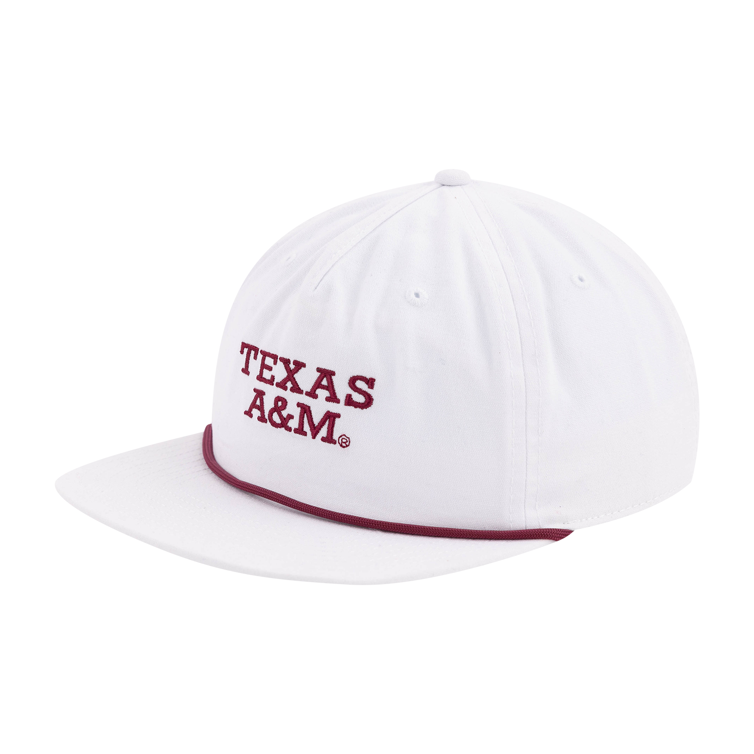 White hat with maroon "TEXAS A&M" with maroon rope