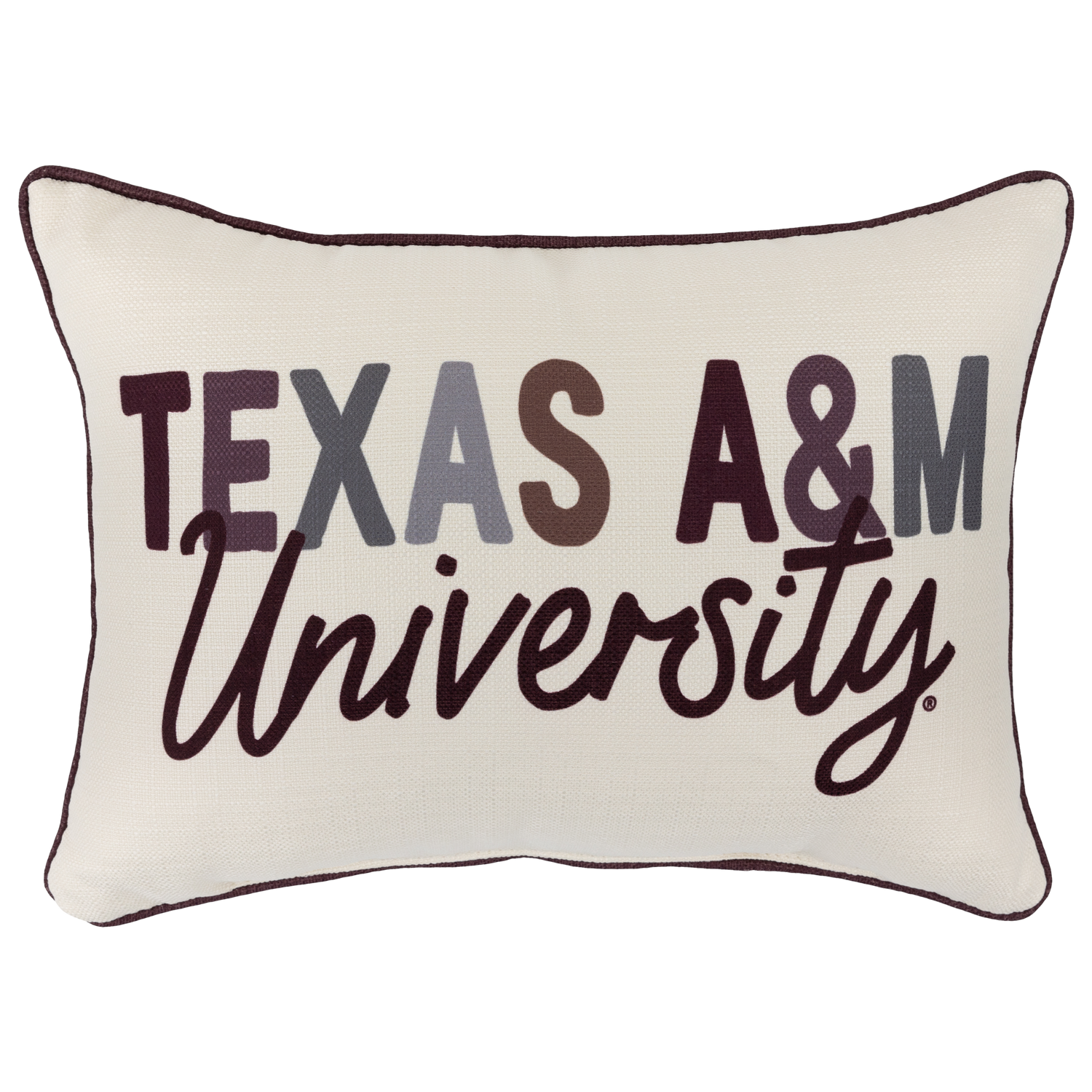 White pillow with maroon outline with the phrase Texas A&M University