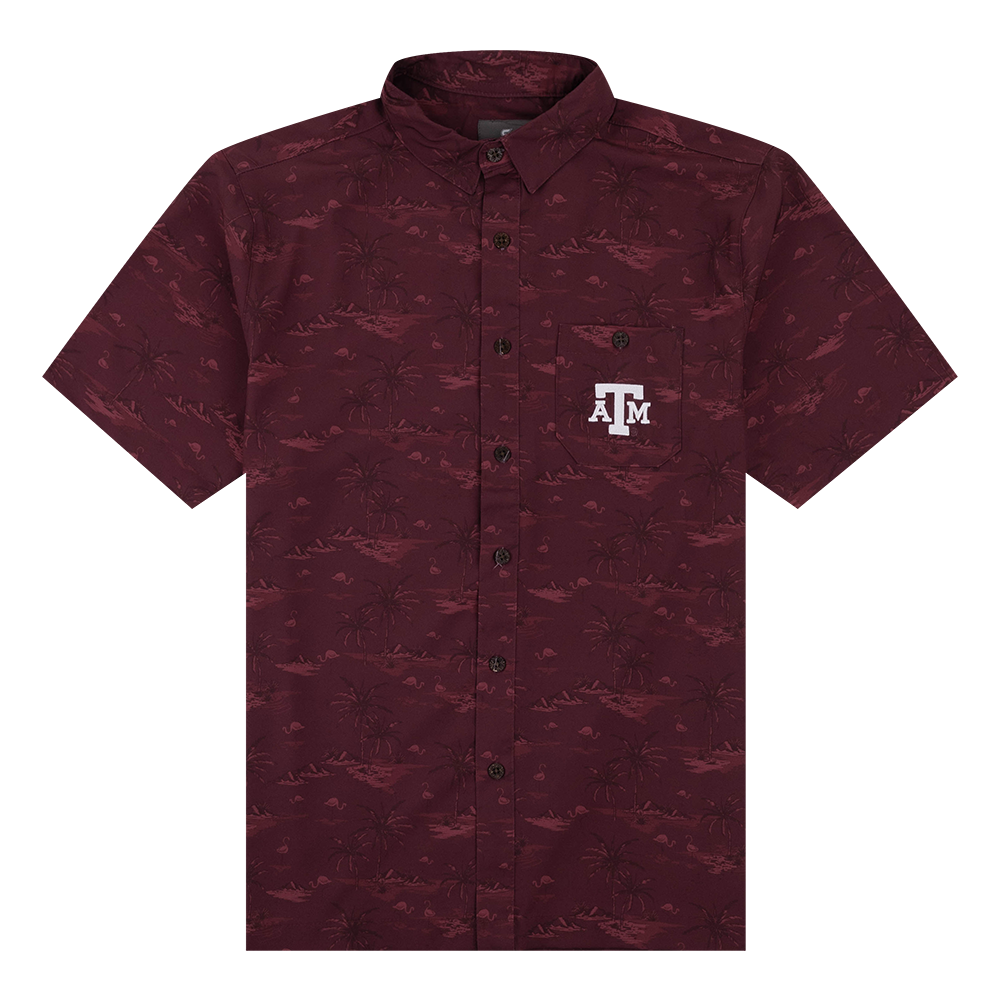 Maroon button down with palm trees and white ATM logo on the left pocket