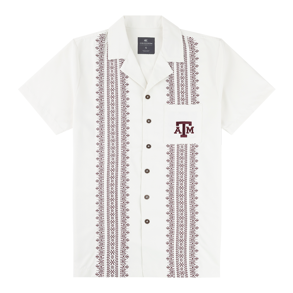 White button down with maroon ATM logo on the left side of the chest. Maroon embroidery down the front