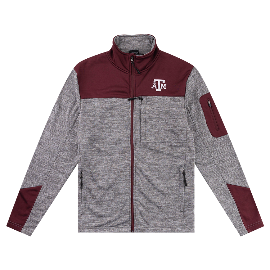 Gray, heathered jacket with maroon top and a white ATM logo on the left side of the chest.