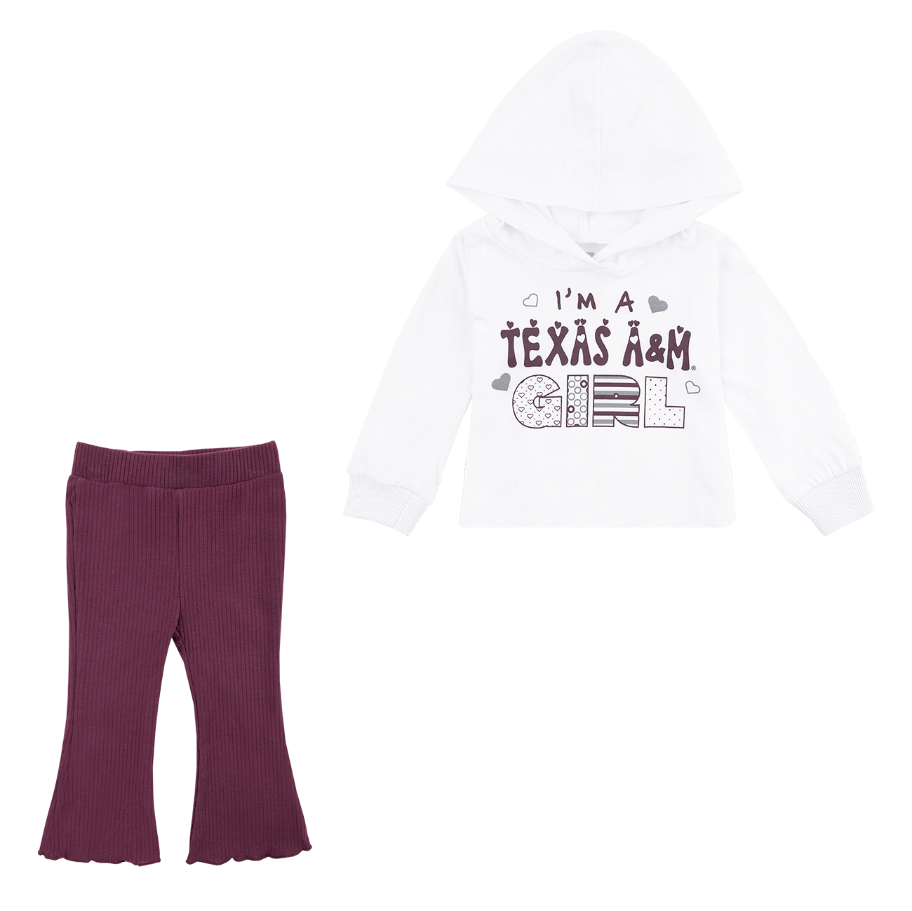 Infant white hoodie with "I'm a Texas A&M Girl" in maroon. Maroon, ribbed and flared bottoms