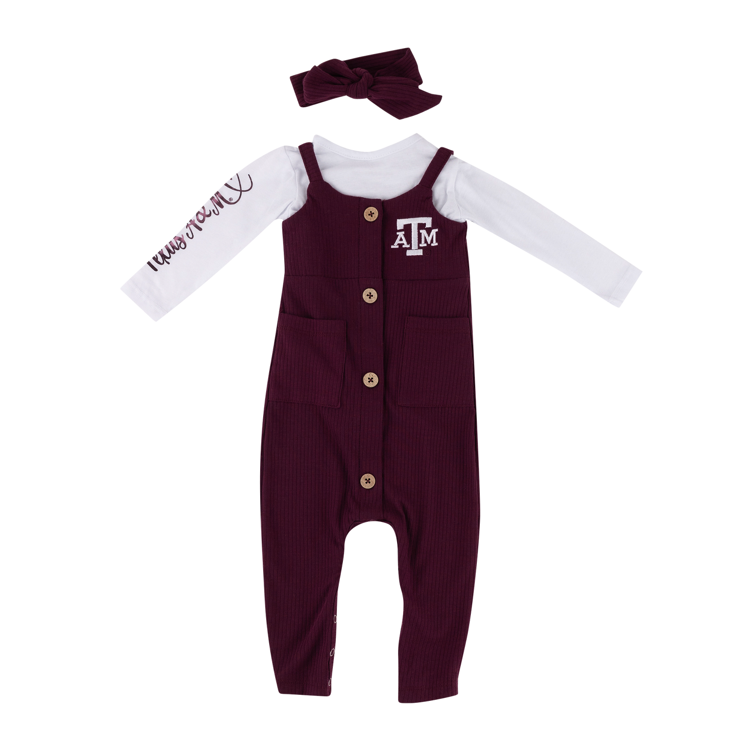 Maroon romper with white ATM logo on the left side of the chest. White undershirt with maroon "TEXAS A&M" on the right sleeve. Comes with maroon headband.