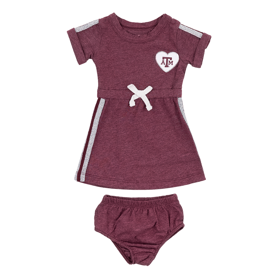 Maroon infant dress set with white heart and an ATM logo in it. Bottoms included.