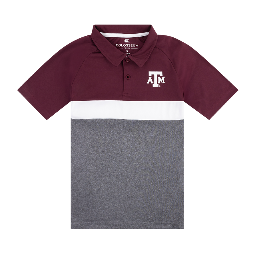 Maroon, White, and Grey striped polo with white ATM logo