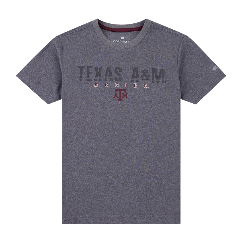 Gray performance tee with "Texas A&M Aggies" in gray and maroon