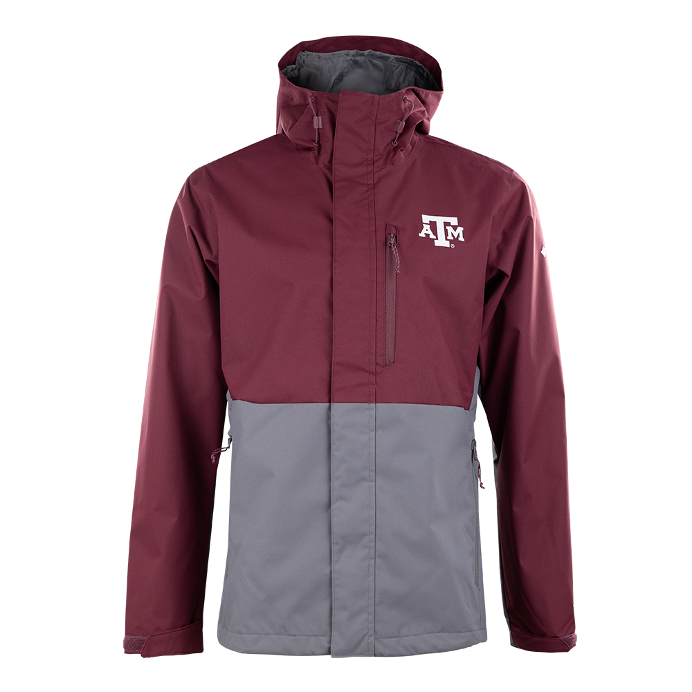 Maroon and gray jacket with white ATM logo on the left side of the chest.