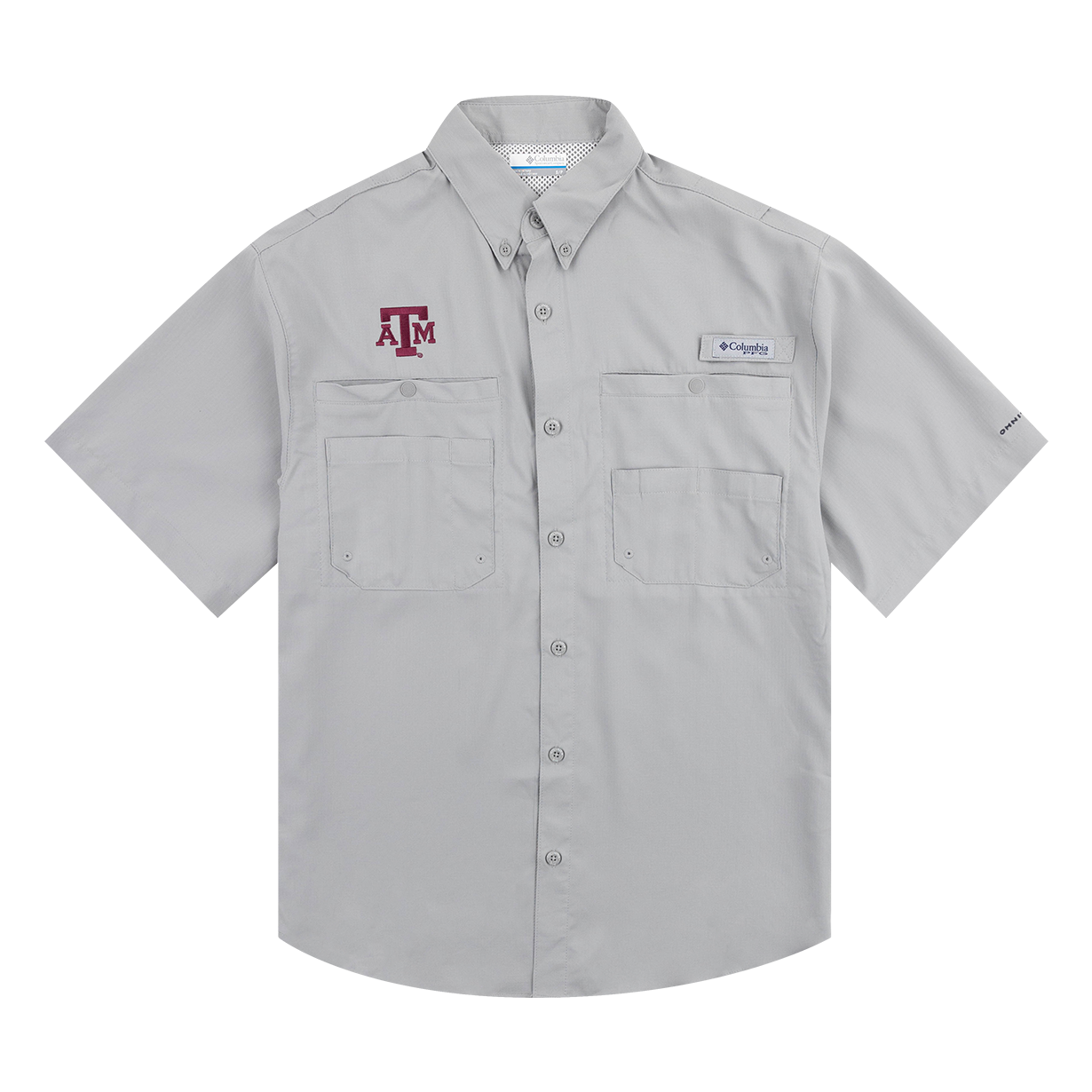 Gray fishing shirt with two pockets and a maroon ATM logo on the right side of the chest.