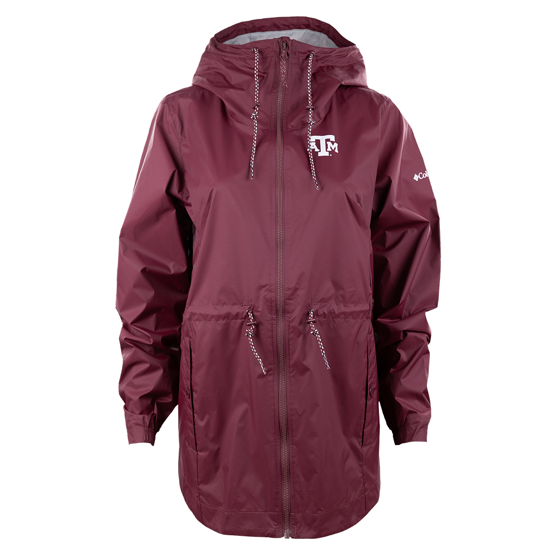 Maroon rain jacket with two large pockets. White ATM logo on left side of the chest.