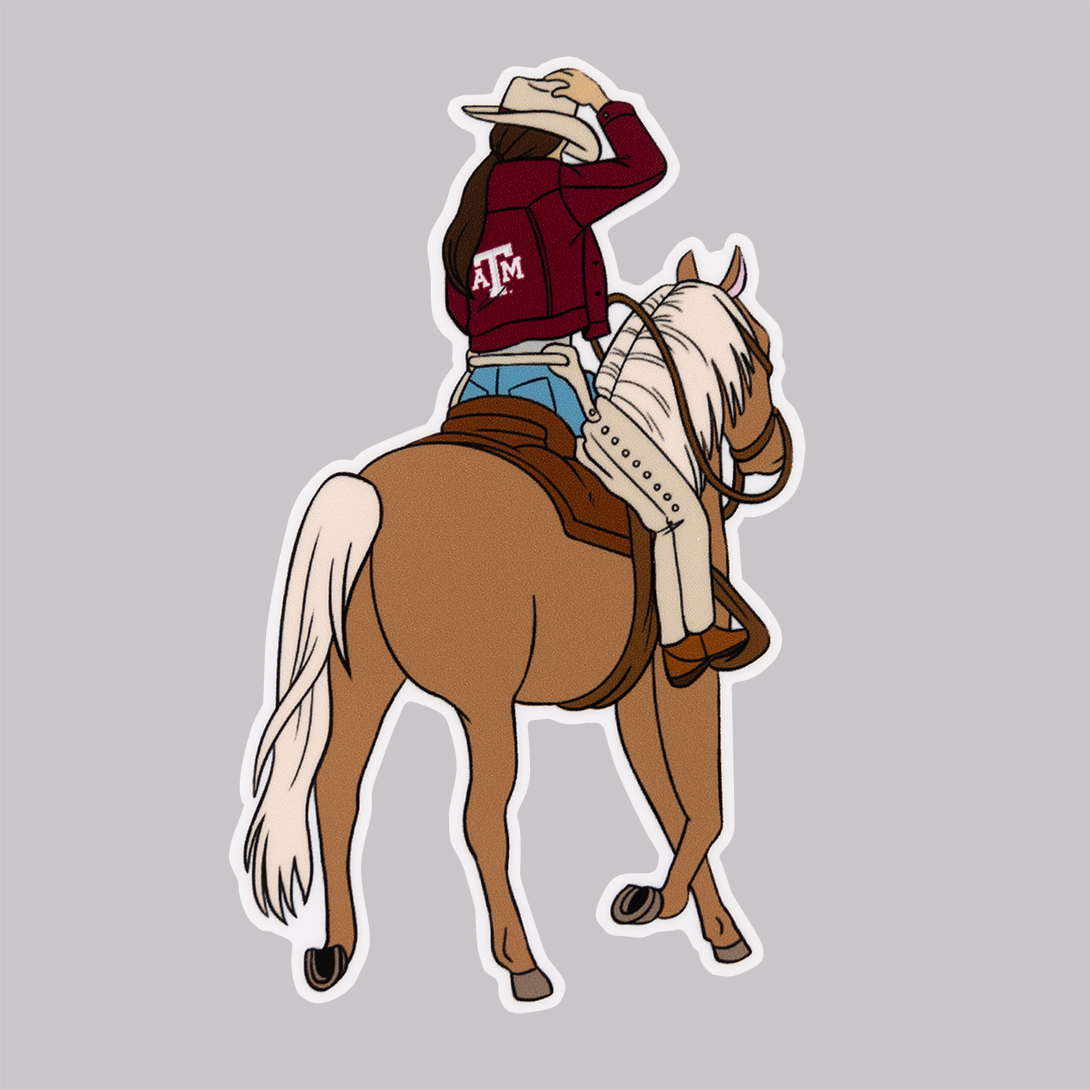 A&M Cowgirl on horse sticker 