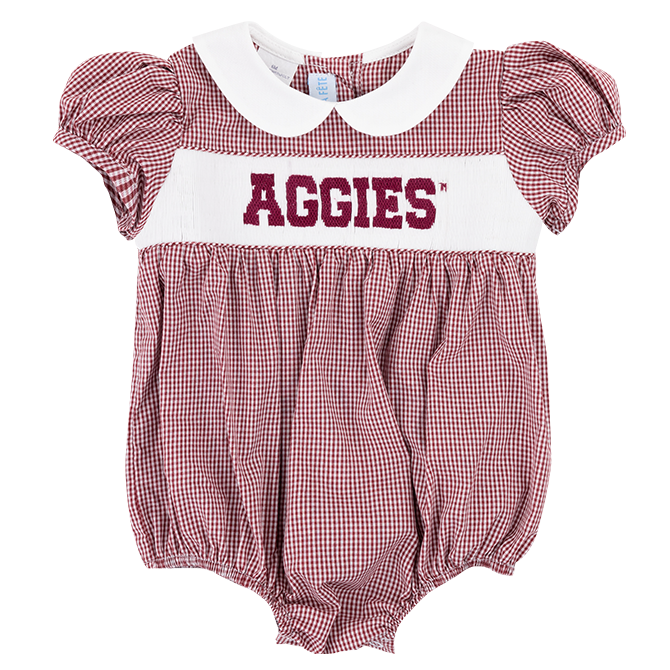 Maroon Checkered Infant Bodysuit with White Band across chest with Maroon "AGGIES" text