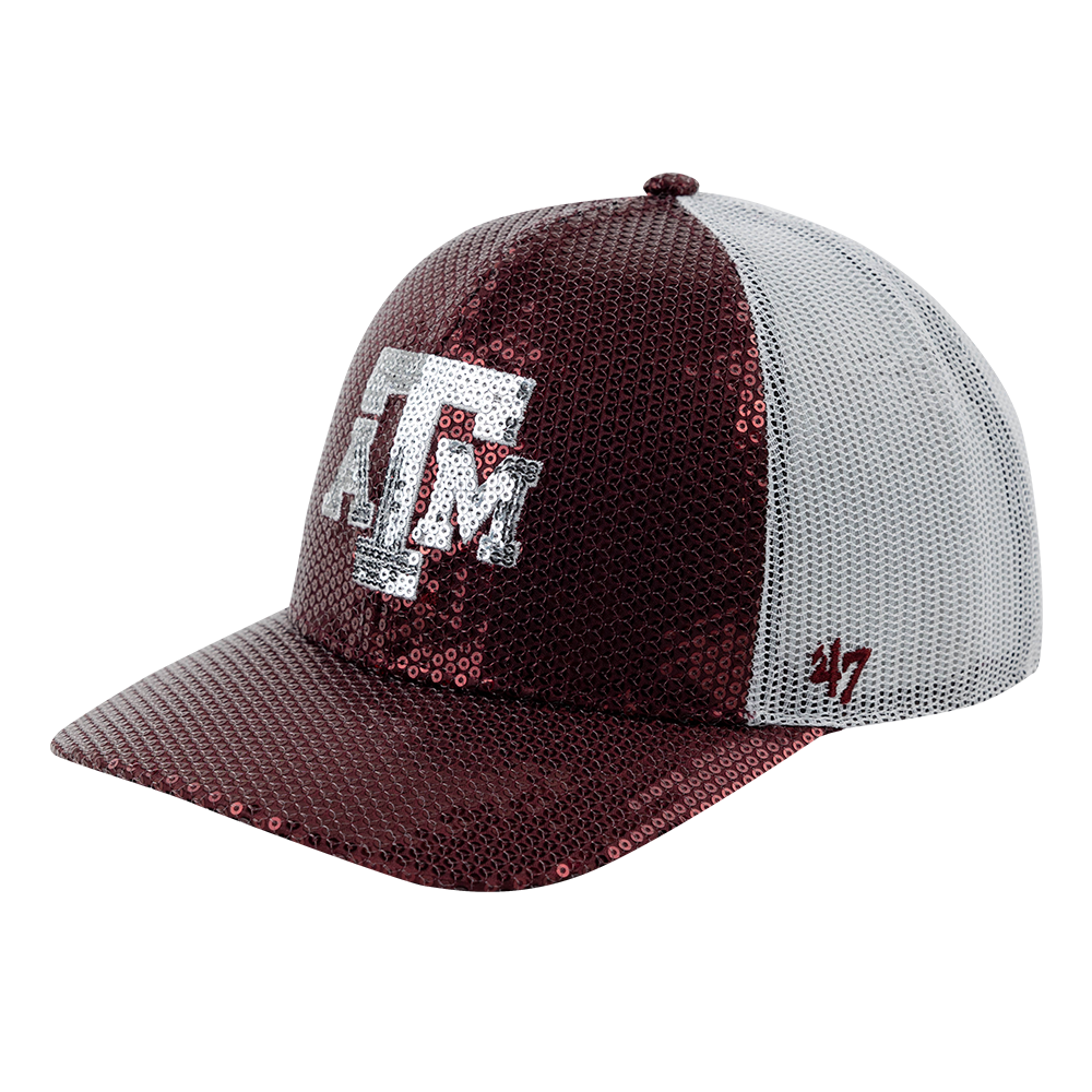 Maroon sequined hat with silver sequined ATM logo