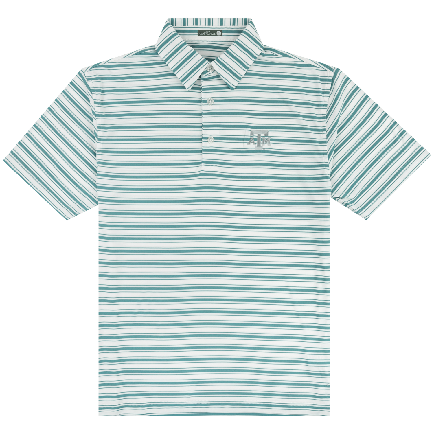 White and teal striped polo with silver ATM logo