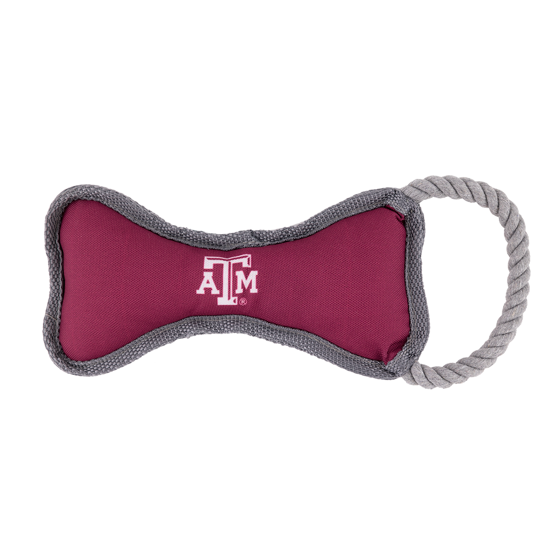 A maroon dog bone shaped dog toy with a white A&M logo printed on the front.