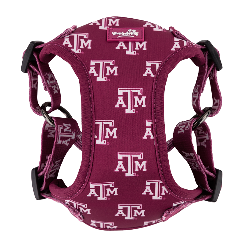 Maroon Dog Harness with scattered  White ATM decals 