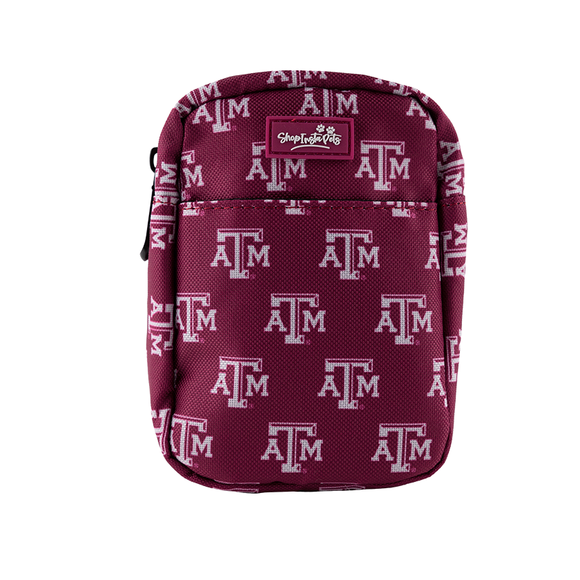 A Maroon Shop Insta Pets Dog Treat Pouch with White Texas A&M Logo Pattern