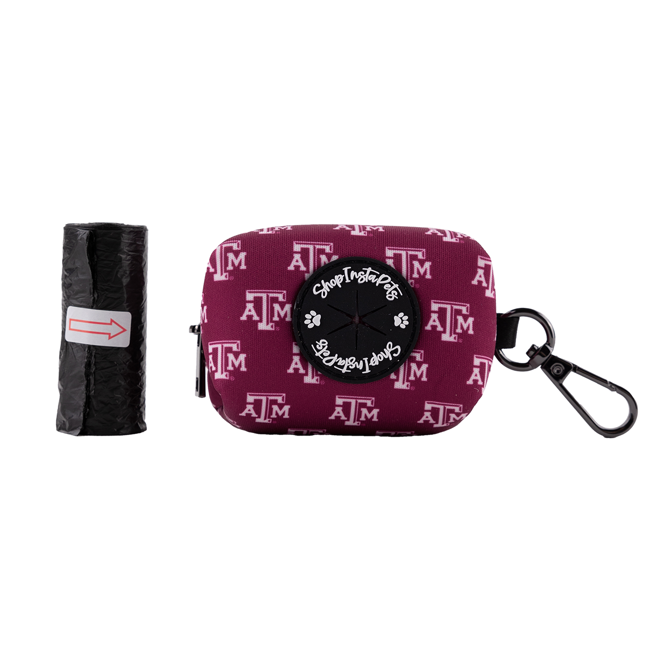 Maroon Dog Waste Bagger Holder with scattered ATM decals