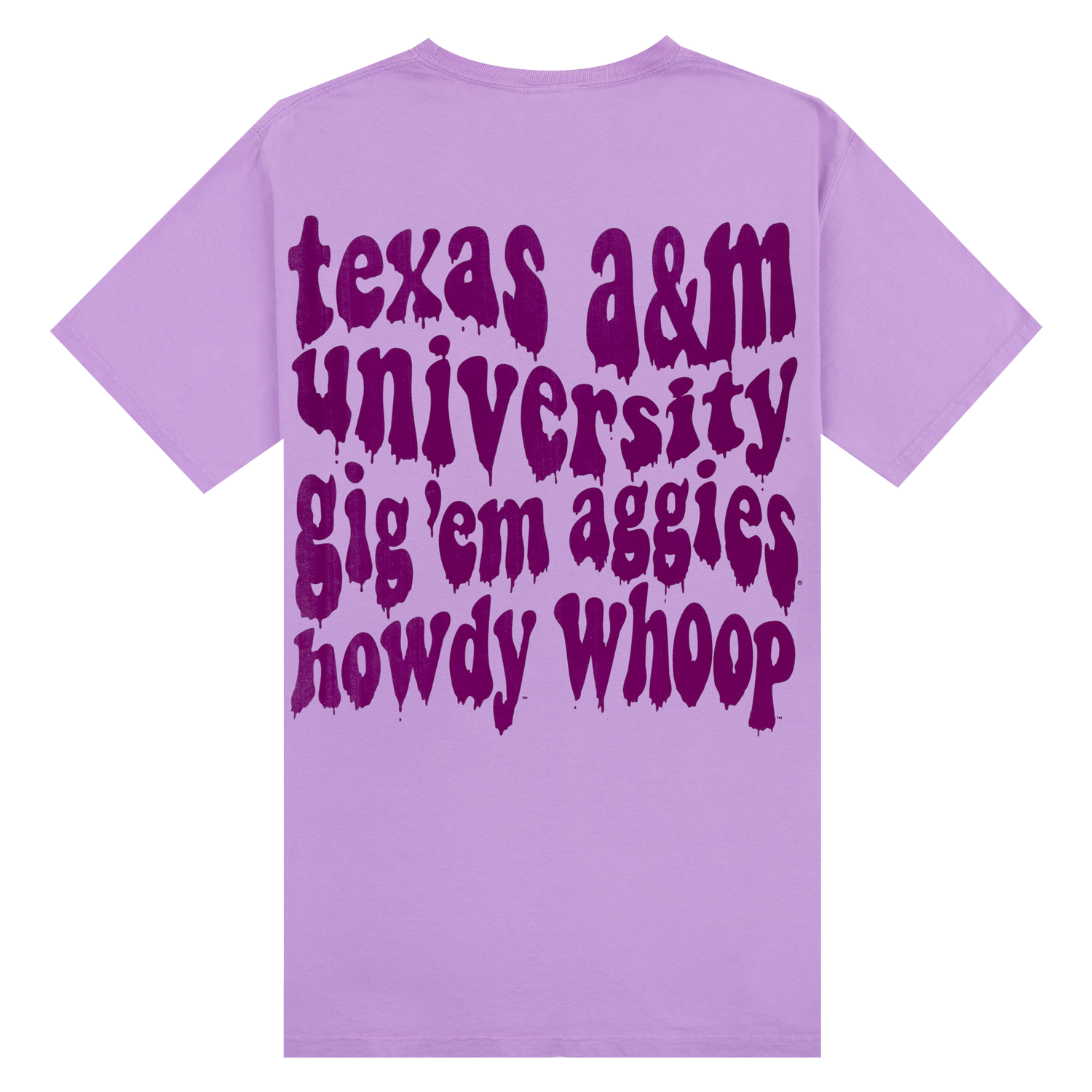 magenta shirt with purple dripping "texas a&m university gig 'em aggies howdy whoop"