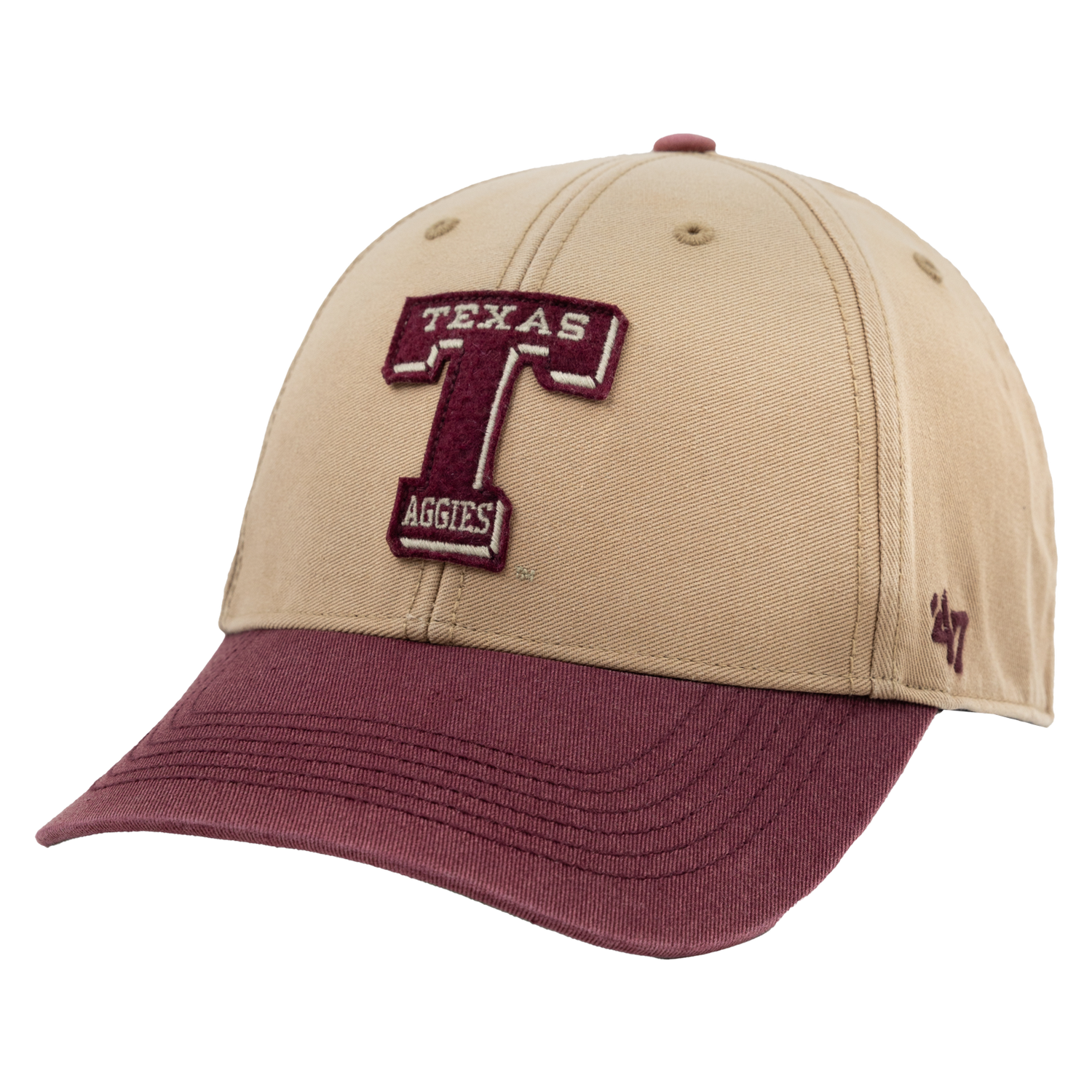 Tan Dusted Texas A&M Aggies Sarge Hat with Maroon Block T and maroon bill