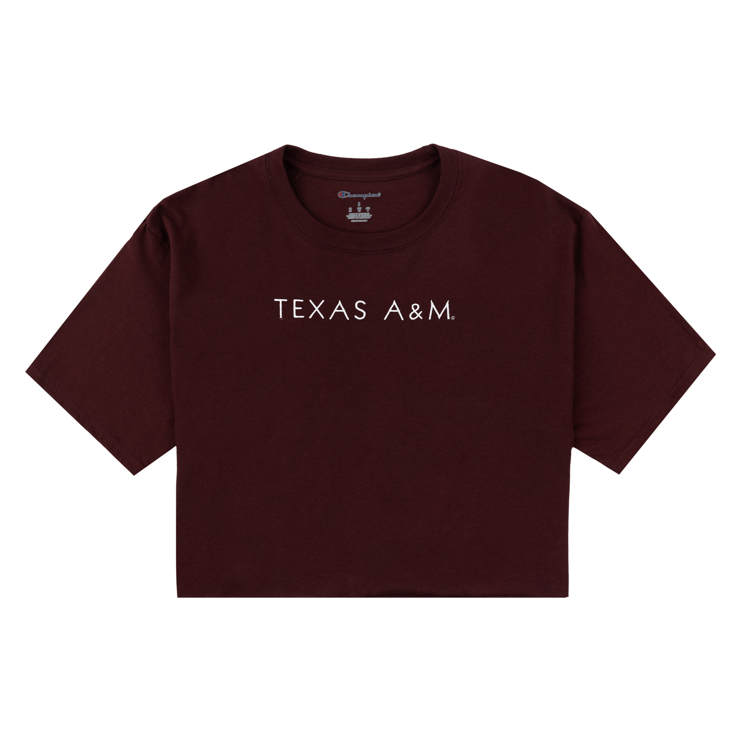 Maroon crop top with white TEXAS A&M script