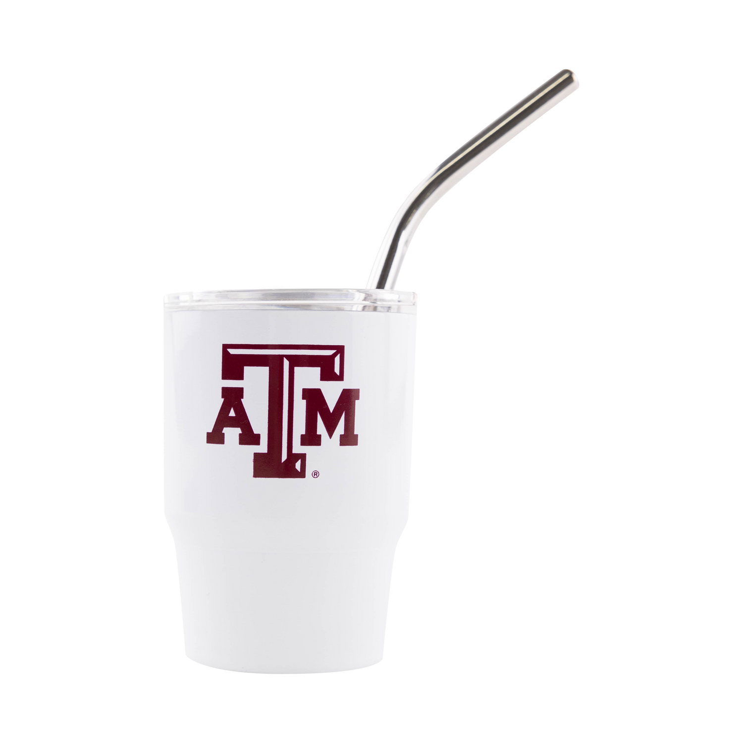 White tumbler style shot glass with maroon ATM logo. Straw included.