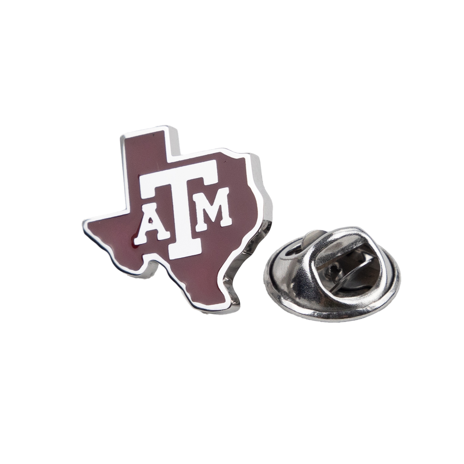 Texas shaped pin with a silver/white boarder. The inside is maroon with 'A&M' printed in white block lettering. 