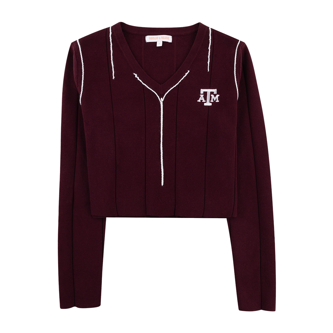 Maroon ribbed sweater with white accents and white ATM logo on the left side of the chest.