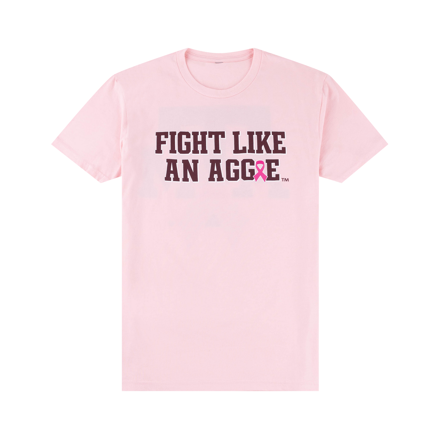 Pink t-shirt with "FIGHT LIKE AN AGGIE" in maroon with a pink breast cancer awareness ribbon.