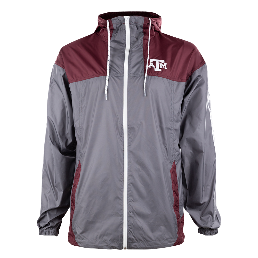 Gray windbreaker with maroon top. White ATM logo on left side of the chest.