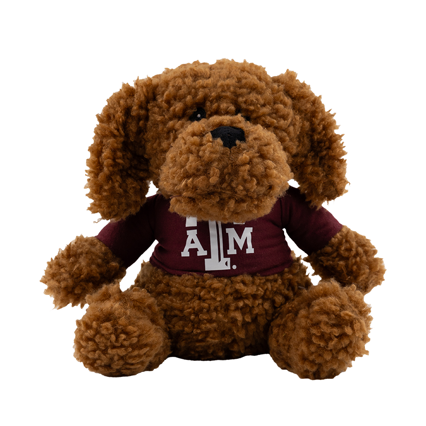 Stuffed dog with maroon ATM t-shirt on