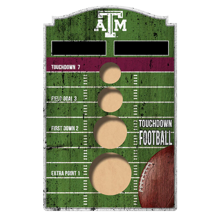 A bean bag toss game. The background of the board is of a football field. There are four holes that are worth various point values. 