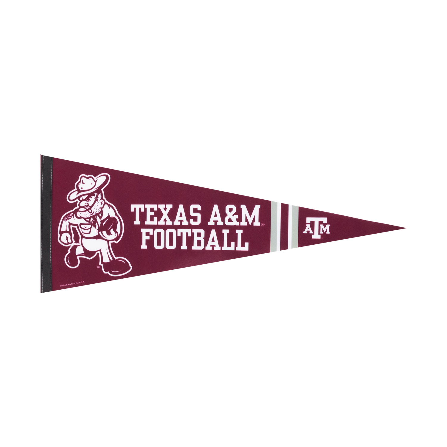 Maroon pennant flag with "TEXAS A&M FOOTBALL" in white with Ol' Sarge carrying a football.