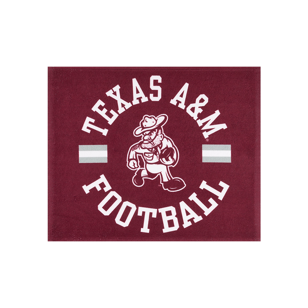 Maroon rally towel with "TEXAS A&M FOOTBALL" in white with Ol' Sarge carrying a football.