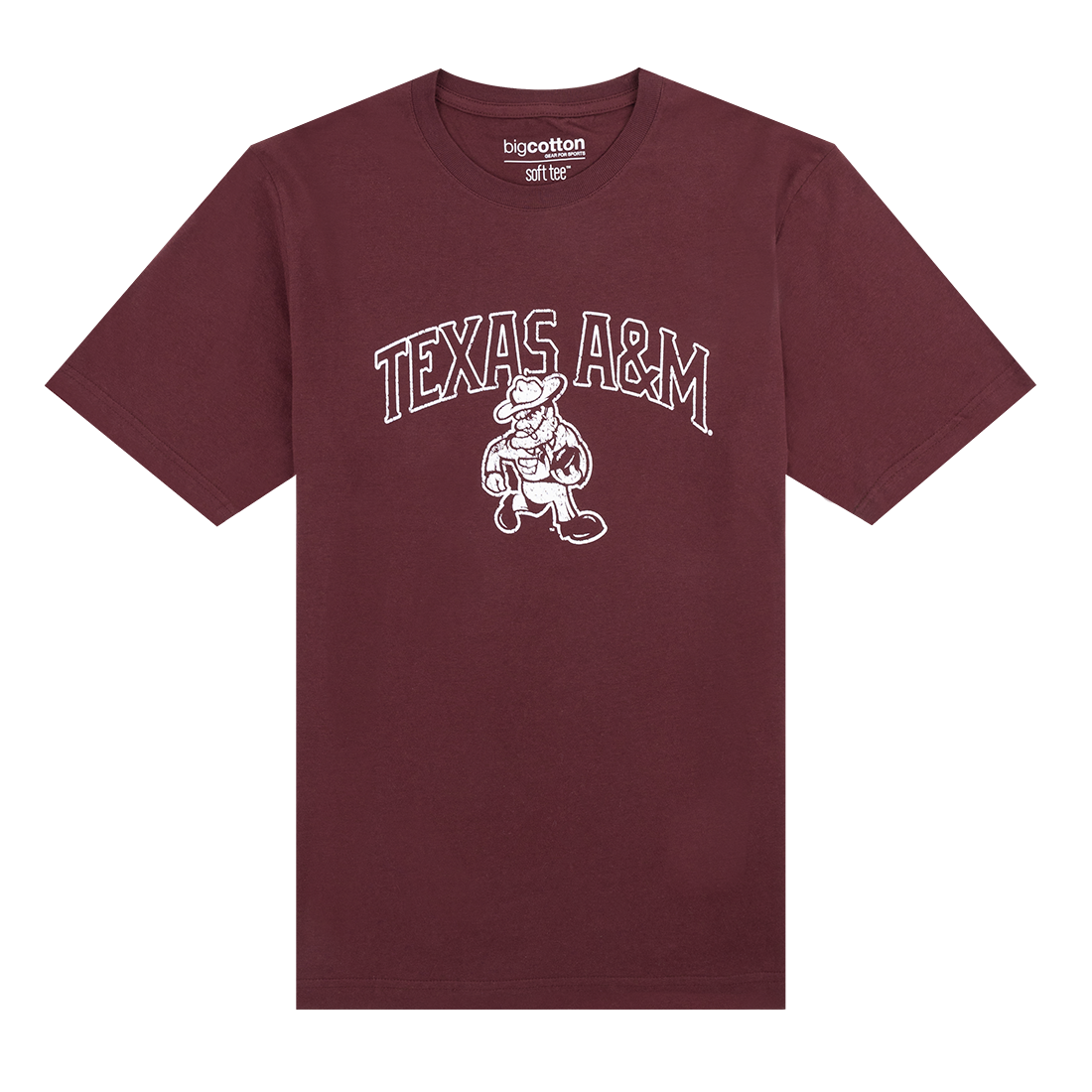 Maroon tee with "TEXAS A&M" outlined in white with Ol' Sarge carrying a football.