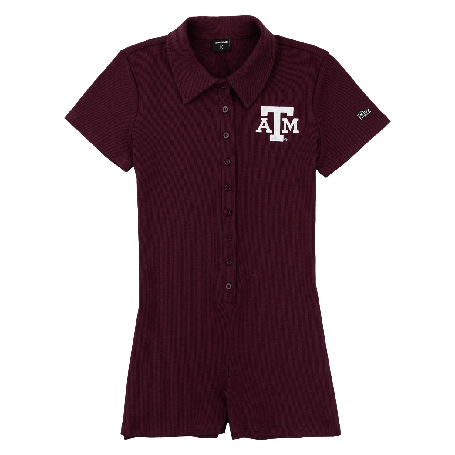 A short sleeve button down romper. The short styled romper is maroon with maroon buttons down the front middle. There is a white A&M block letter logo on the front left side. The romper also is collard. 